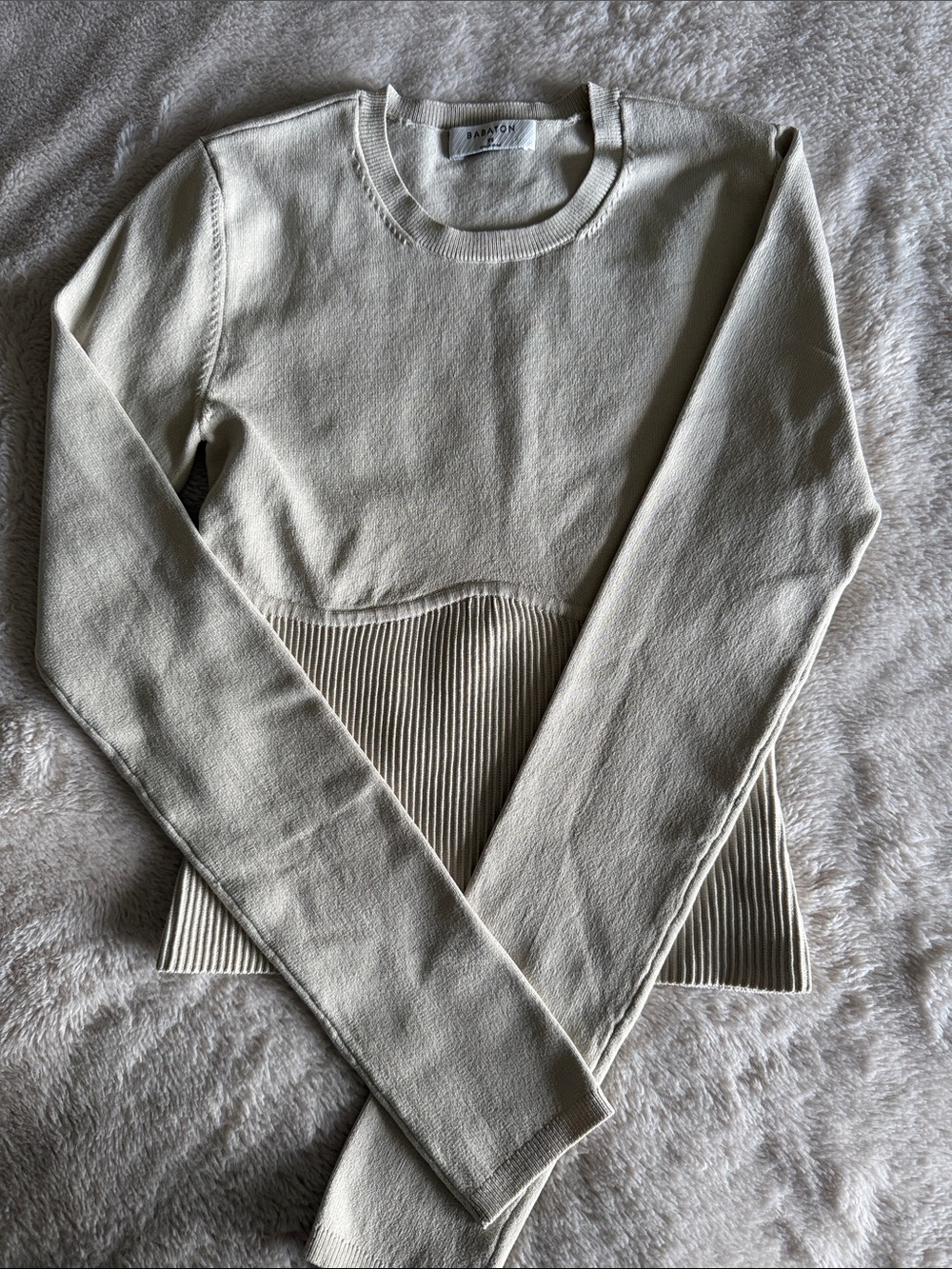 Aritzia Babaton Ivory Crewneck Sweater with Ribbed Waist Panel